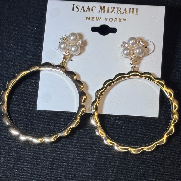 ISAAC MIZRAHI Gold Tone Faux Pearl Crystal Dangling Post  Earrings 2.5 inch - Picture 1 of 3